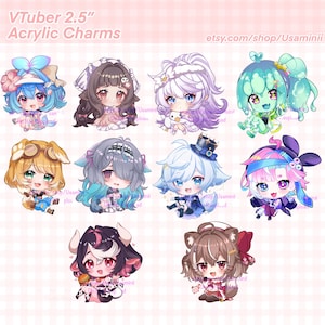 以下が含まれることがあります： アニメスタイルのキャラクターが描かれた、6.35 cmのアクリルチャームのコレクション。各チャームは、鮮やかな色、詳細な衣装、表情豊かな顔を持つユニークなキャラクターデザインを特徴としています。背景はピンクの模様です。