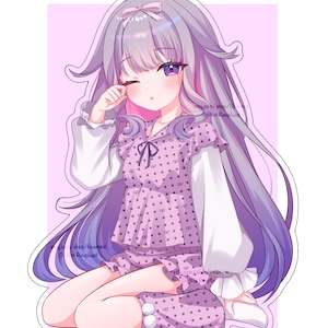 May include: An illustration of a young person with long, flowing lavender hair and purple eyes, winking. They are wearing a light purple polka-dot pajama set with white sleeves and a bow. The image has a pink background.