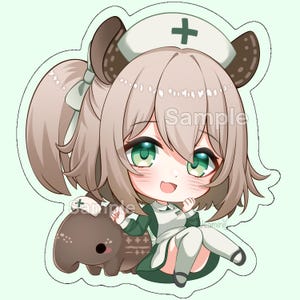 May include: A cartoon illustration of a brown and white character wearing a white nurse's hat with a green cross and a green and white dress. The character has brown hair, green eyes, and a brown and white animal companion.