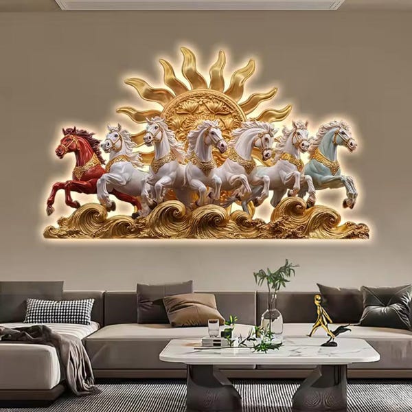 7 Running Horses Crystal Porcelain LED Wall Art - Luxury Home Decor