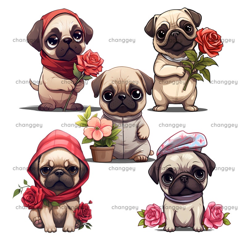 Flower Pug Clipart, Adorable Pugs Clipart for Digital Projects, Digital ...