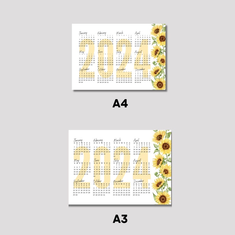 2024 Printable Sunflower Themed Calendar, Yearly Calendar, Minimalist