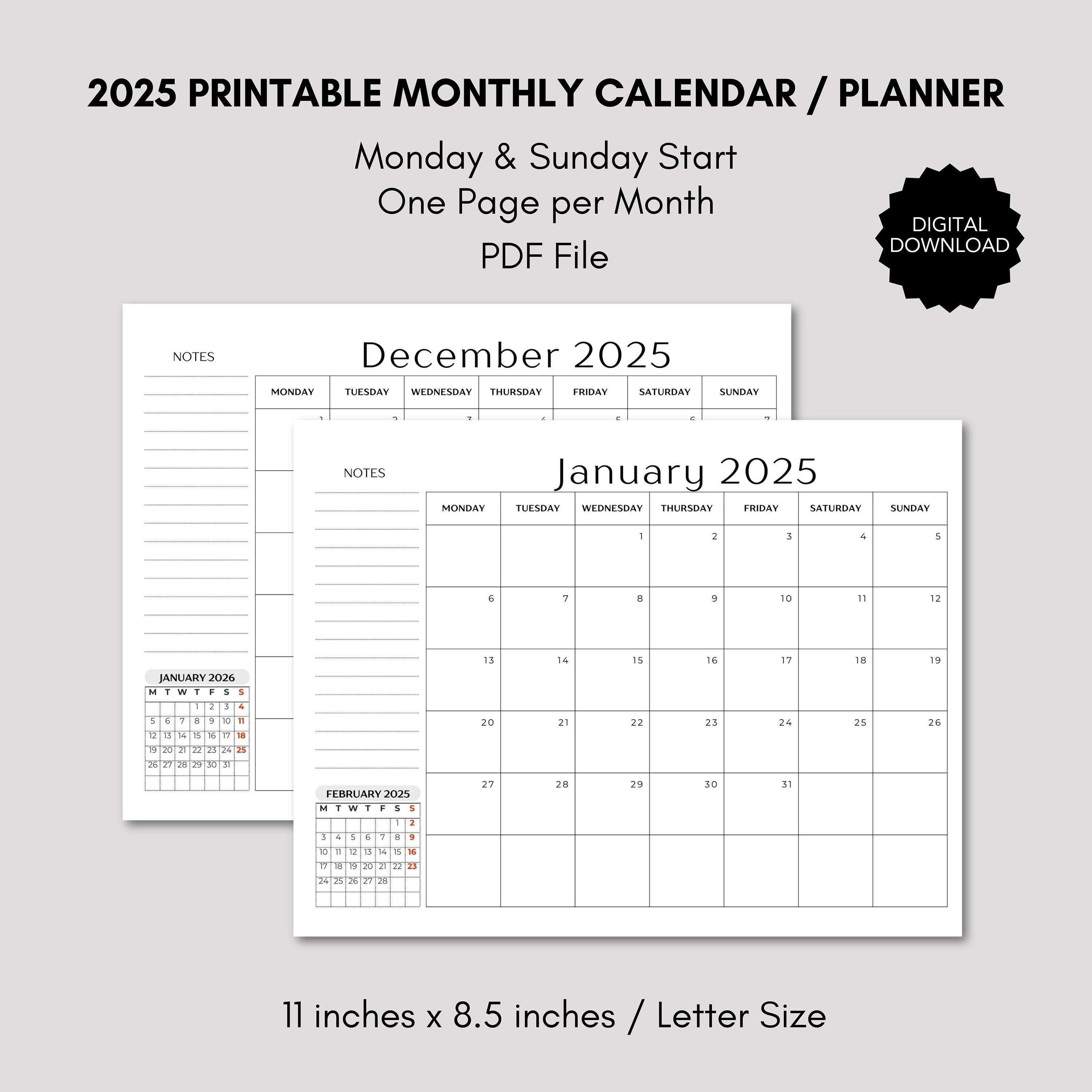 2025 Printable Monthly Planner Calendar Monday Sunday Start, Letter