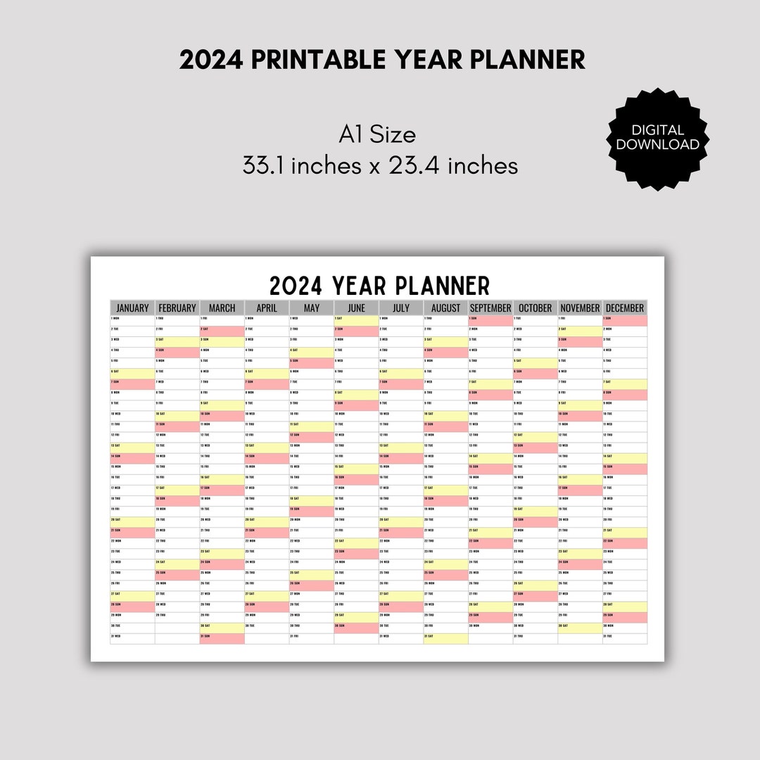 A1 2024 Printable Full Year Planner, Poster Size Year Planner, Big Size