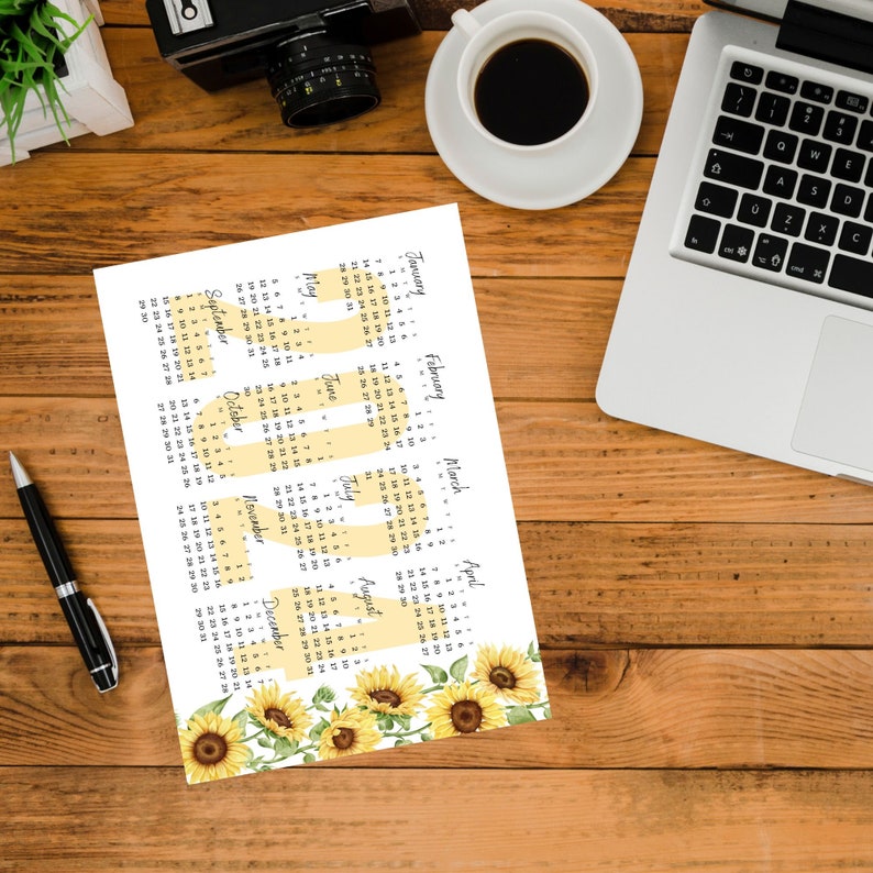 2024 Printable Sunflower Themed Calendar, Yearly Calendar, Minimalist