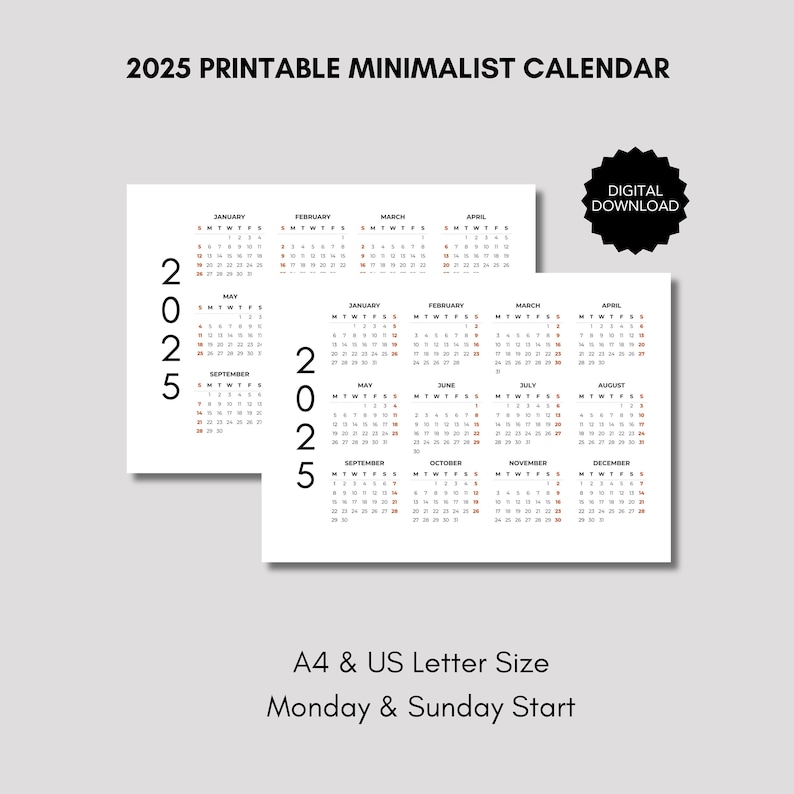 2025 Printable Minimalist Calendar With Monday & Sunday Start Etsy