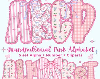 Alfabeto floral de encaje Grandmillennial PNG, alfabeto rosa pastel, letras florales vintage escritas a mano, alfabeto con diseños preppy PNG