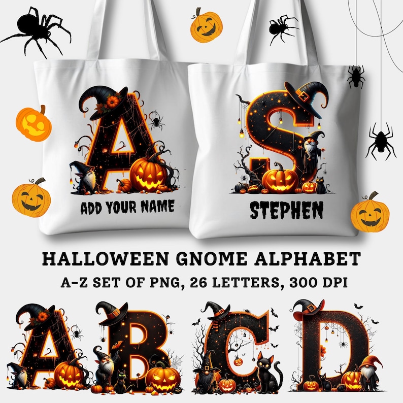 Op de afbeelding: Witte draagtassen met Halloween-ontwerpen. E&eacute;n tas heeft de letter "A" met een pompoen en een kabouter, de andere de letter "S". De tekst "ADD YOUR NAME" en "STEPHEN" worden weergegeven. De afbeelding toont ook de letters A, B, C en D.