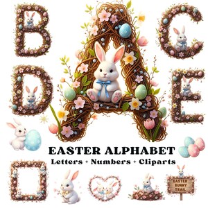 Pode incluir: Um conjunto de alfabeto com tema de Páscoa com as letras A, B, C, D e E, cada uma adornada com arranjos florais, ovos de Páscoa e adoráveis ilustrações de coelhinhos. A imagem também inclui clip art adicional com tema de Páscoa e o texto "EASTER ALPHABET".