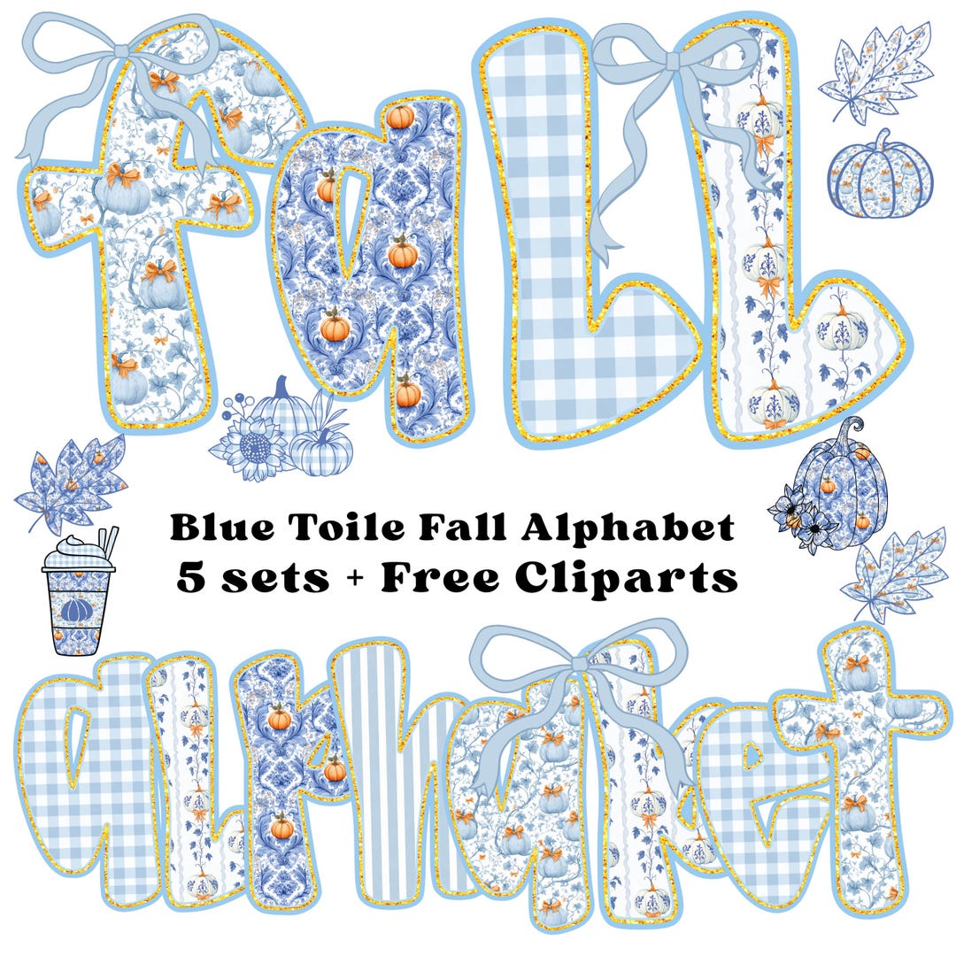 Blue Toile Fall Alphabet PNG, Preppy Grandmillennial Letters ...
