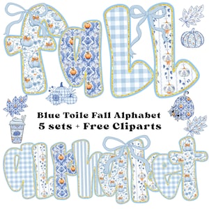 May include: A digital design featuring the word "FALL" and "ALPHABET" in a blue toile pattern with pumpkins and leaves. The letters have gold trim and are decorated with bows. The text "Blue Toile Fall Alphabet 5 sets + Free Cliparts" is also included.