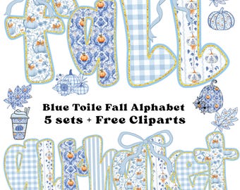 May include: A digital design featuring the word "FALL" and "ALPHABET" in a blue toile pattern with pumpkins and leaves. The letters have gold trim and are decorated with bows. The text "Blue Toile Fall Alphabet 5 sets + Free Cliparts" is also included.