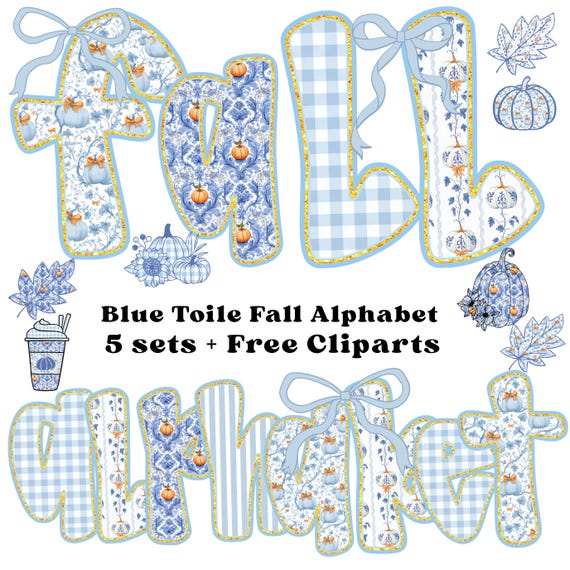 Blue Toile Fall Alphabet PNG, Preppy Grandmillennial Letters, Grandmillennial Fall Alphabet PNG, Autumn Doodle Letters, Thanksgiving Letters