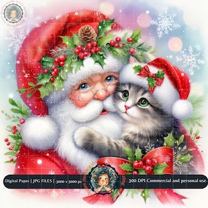Christmas Cat Clipart, Santa With Cat, Cat Christmas, Meowy Christmas, Cat Ornament, Christmas Kitten, Watercolor Clipart, Christmas Card