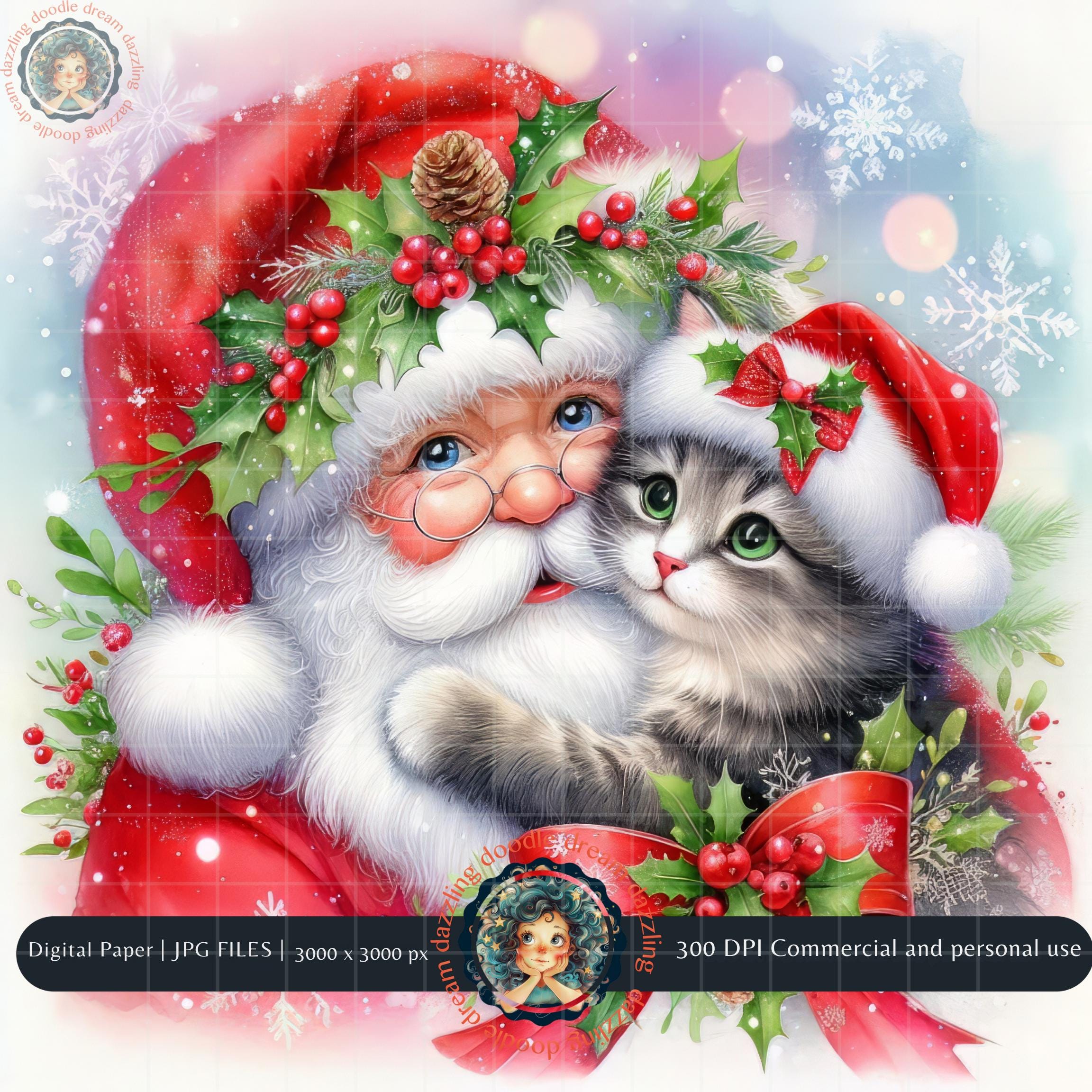 Christmas Cat Clipart, Santa With Cat, Cat Christmas, Meowy Christmas, Cat Ornament, Christmas Kitten, Watercolor Clipart, Christmas Card