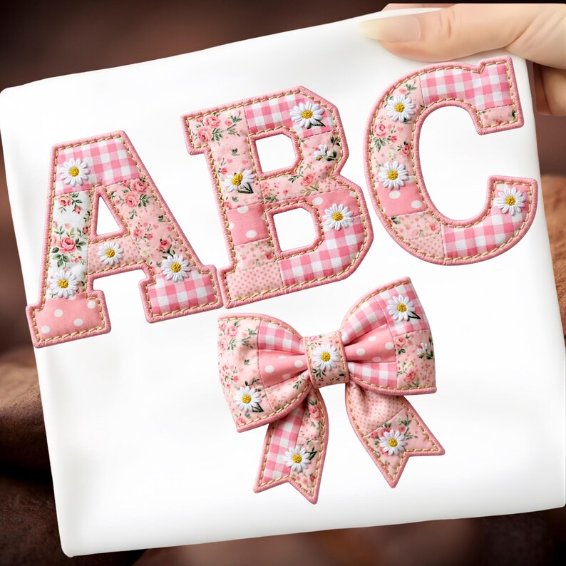 Pink Toile Faux Patchwork Alphabet PNG, Faux Embroidered Quilted ...
