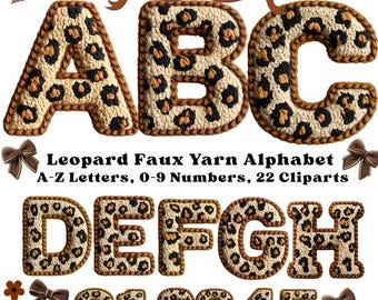Leopard Faux Yarn Alphabet PNG, Latch Hook Yarn Png, Leopard Alphabet, Cozy Yarn Knitted Letters, Knitted Alphabet, Alphabet Bundle