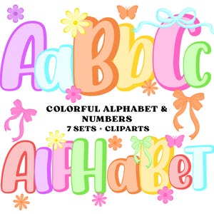 Pacote de letras e números PNG, clipart de alfabeto com rabiscos em 7 cores, fonte colorida de A a Z de 0 a 9, letras coloridas, frente brilhante PNG, desenhado à mão