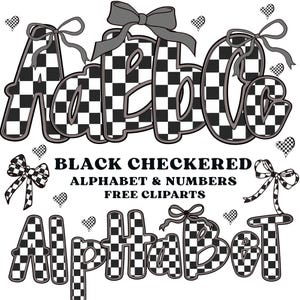 May include: Black and white chequered alphabet letters and numbers with grey bows and hearts. The image includes the letters A, B, C, and the word "Alphabet" in a similar style. Text reads "Black Checkered Alphabet & Numbers Free Cliparts."