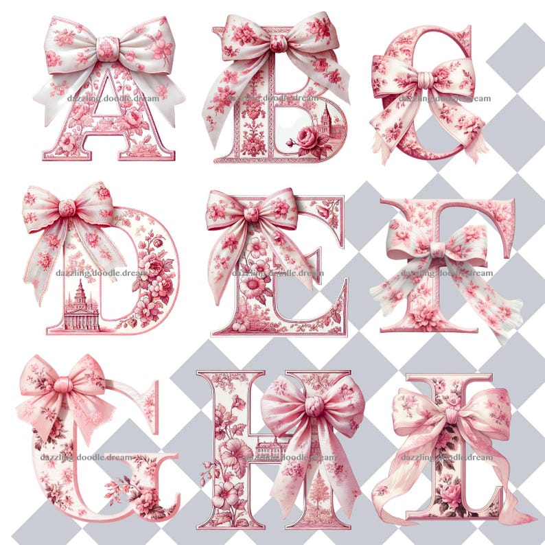 May include: Pink floral alphabet letters with pink bows. The letters are A, B, C, D, E, F, G, and H.