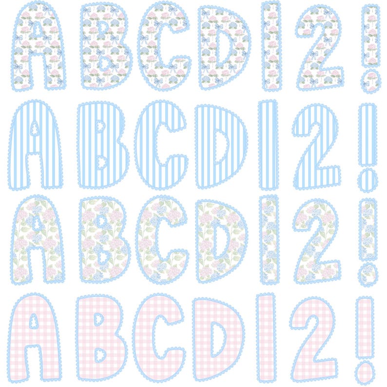K&ouml;nnte beinhalten: Eine Sammlung dekorativer Buchstaben, Zahlen und Ausrufezeichen in verschiedenen Mustern. Die Buchstaben A, B, C und D sowie die Zahlen 1 und 2 sind abgebildet. Muster umfassen Blumen-, Streifen- und Vichy-Designs in Pastellfarben.