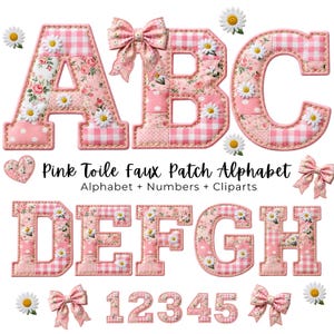 Pink Toile Faux Patchwork Alphabet PNG, Faux Embroidered Quilted Letters, Preppy Cottagecore and Coquette Pink Floral Alphabet Letters