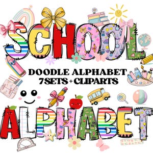 Alfabeto escolar, letras escolares, letra doodle PNG, alfabeto para maestros, maestro, letras, paquete de alfabeto, sublimación para maestros, clipart escolar