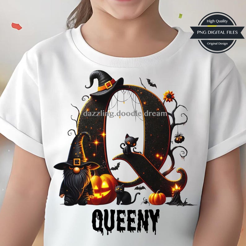 Op de afbeelding: Wit T-shirt met een Halloween-thema ontwerp. Het ontwerp bevat een grote letter "Q" met een heksenhoed, een zwarte kat, pompoenen en het woord "QUEENY" in een griezelig lettertype. Een kabouter is ook inbegrepen.
