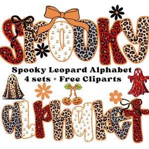 Griezelig luipaard alfabet png, Halloween spookluipaard png, schattig boe-geroep spook coquette png, grappig halloween, griezelig seizoen clipart, retro Halloween