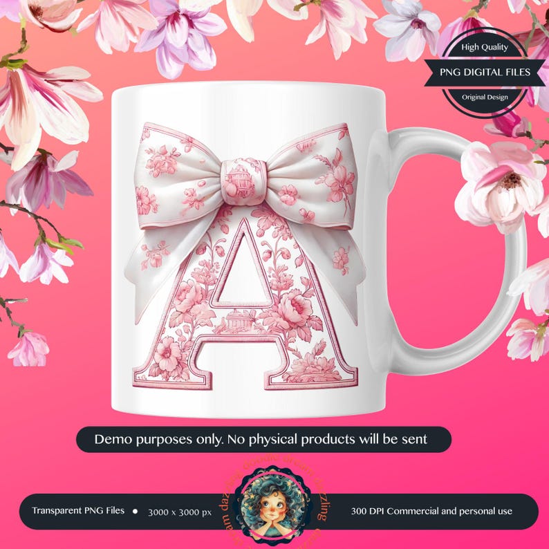 May include: A white ceramic mug with a pink floral design and a large pink bow. The letter "A" is in the center of the mug, surrounded by the floral design. The mug is on a pink background.