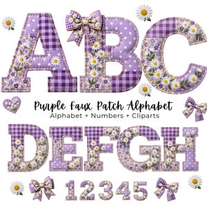 Puede incluir: Un conjunto de letras y números del alfabeto de parche falso púrpura, adornados con patrones florales de margaritas y tela de cuadros. Se muestran las letras A a la H y los números del 1 al 5. También se ve el texto "Purple Faux Patch Alphabet".