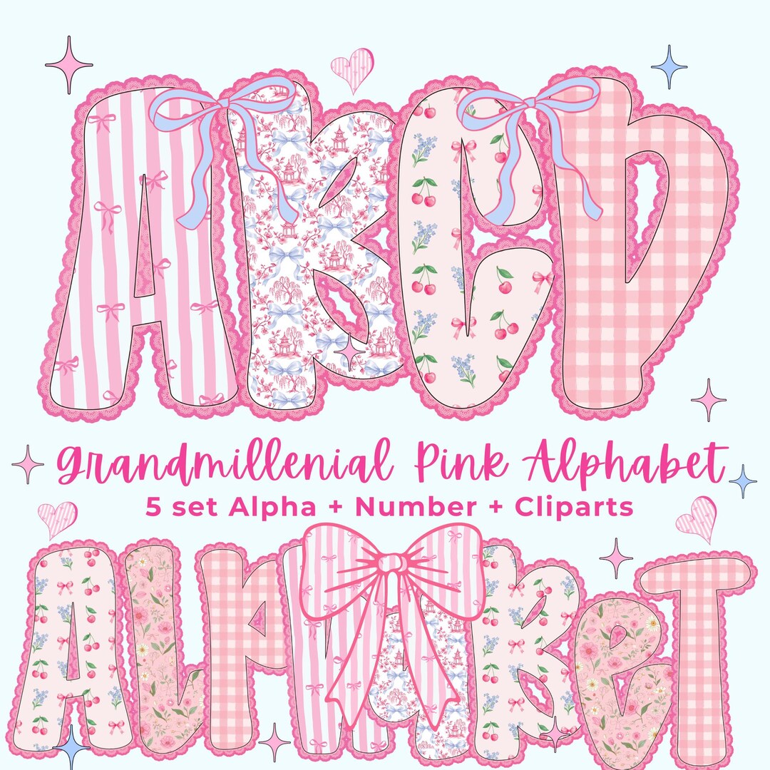 Grandmillennial Lace Floral Alphabet PNG Bundle, Pastel Pink Alphabet ...