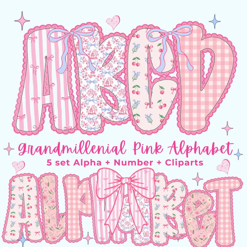 Grandmillennial Lace Floral Alphabet PNG Bundle, Pastel Pink Alphabet ...