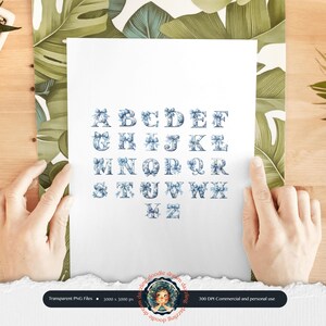 Chinoiserie Blue Toile letter with a delicate coquette bow, featuring an elegant vintage design in blue and white, perfect for monograms, personalized decor, and digital art projects.