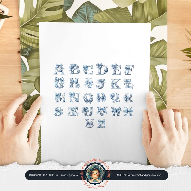Chinoiserie Blue Toile letter with a delicate coquette bow, featuring an elegant vintage design in blue and white, perfect for monograms, personalized decor, and digital art projects.