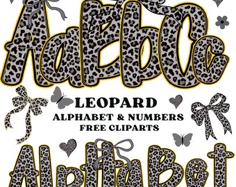 May include: Leopard print alphabet letters and decorative elements. The letters A, a, b, c, and d are displayed with a gold outline. The image includes bows, butterflies, hearts, and the text "LEOPARD ALPHABET & NUMBERS FREE CLIPARTS."