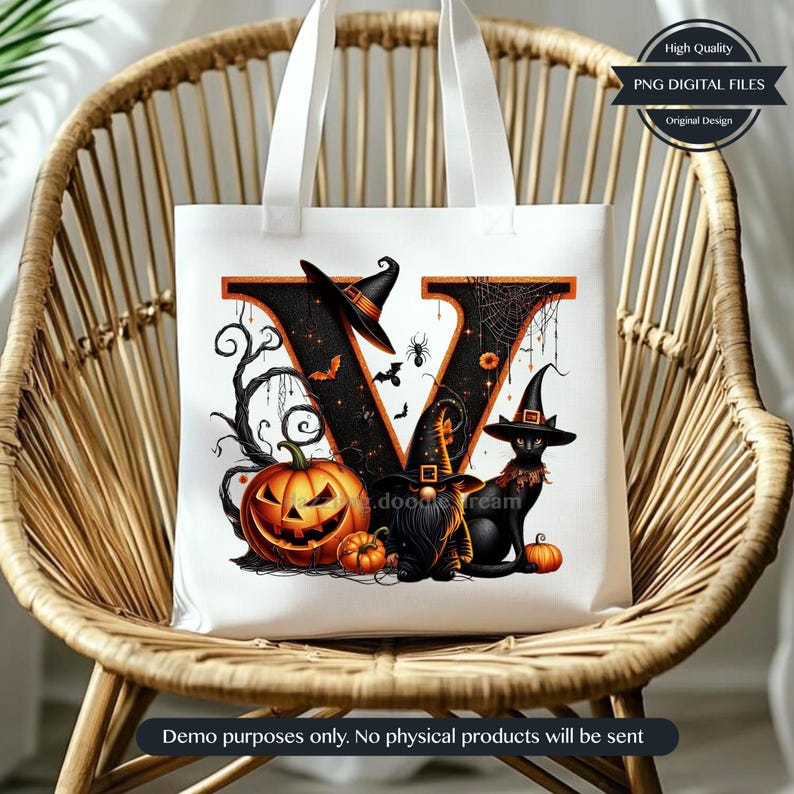 Op de afbeelding: Witte draagtas met een Halloween-ontwerp met een zwarte letter "V" versierd met een pompoen, heksenhoeden en een zwarte kat. De tas heeft ook de tekst "High Quality PNG DIGITAL FILES". De tas staat op een rieten stoel.