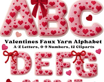 Alfabeto PNG para el Día de San Valentín, letras de imitación de hilo, letras de la A a la Z, números del 0 al 9, patrón de corazón, letras rosas y rojas para manualidades y sublimación.