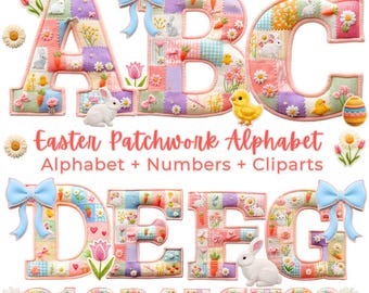 Easter Patchwork Alphabet PNG, Faux Yarn Easter Alphabet, Cute Spring Alphabet Clipart, Easter Alphabet Letters & Numbers, Sublimation PNG