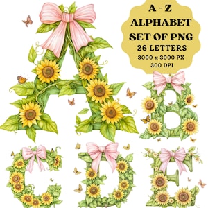 Sunflower Letters, Sunflower Png, Sunflower Coquette, Floral Letters, Spring Letters, Coquette Floral, Letter Sublimation, Alphabet Clipart