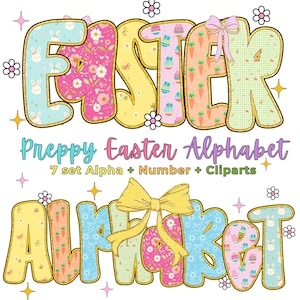 Adrettes Ostern Alphabet PNG, bunte Osterbuchstaben mit goldener Kontur, Ostersublimationsalphabet, niedliche Häscheneibuchstaben, Frühlings-Clipart-Set