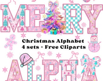 Christmas Alphabet PNG, Pastel Pink Christmas Doodle Letters, Christmas Letters Clipart,Christmas Tree Alphabet,Christmas Girly Alphabet Png