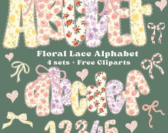 Lace Floral Alphabet PNG Bundle, Shabby Chic Romantic Letters Clipart Set, Vintage Floral Lace Letters & Numbers, Grandmillennial Alphabet