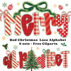 May include: A colourful digital design with the words "MERRY" and "MARKET" in red, using patterns such as stripes, plaid, and polka dots. The design includes a Christmas tree, bows, and the text "Red Christmas Lace Alphabet".