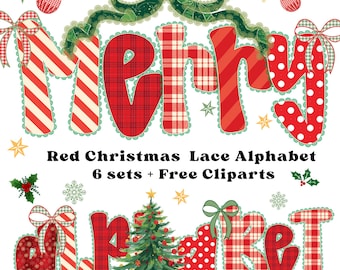 Coquette Christmas Alphabet Lace PNG Font Set – Red, Green Holiday Letters + Numbers + Clipart – Preppy Font for Sublimation Girly Crafts