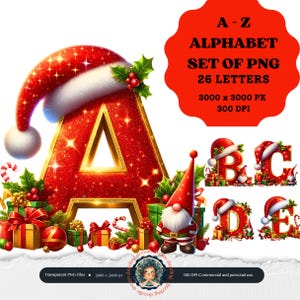 Alphabet de Noël PNG, Clipart de lettres de Noël, nain de Noël, sublimation de lettres de Noël, police de caractères de Noël, fabrication de cartes, sublimation