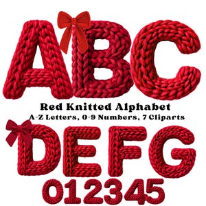 May include: Red knitted alphabet letters and numbers. The letters A, B, C, D, E, F, and G are displayed, along with the numbers 0, 1, 2, 3, 4, and 5. Each letter and number is made of red knitted yarn and has a 3D appearance. A red bow is attached to the letter B and the letter D. The text "Red Knitted Alphabet" is displayed.