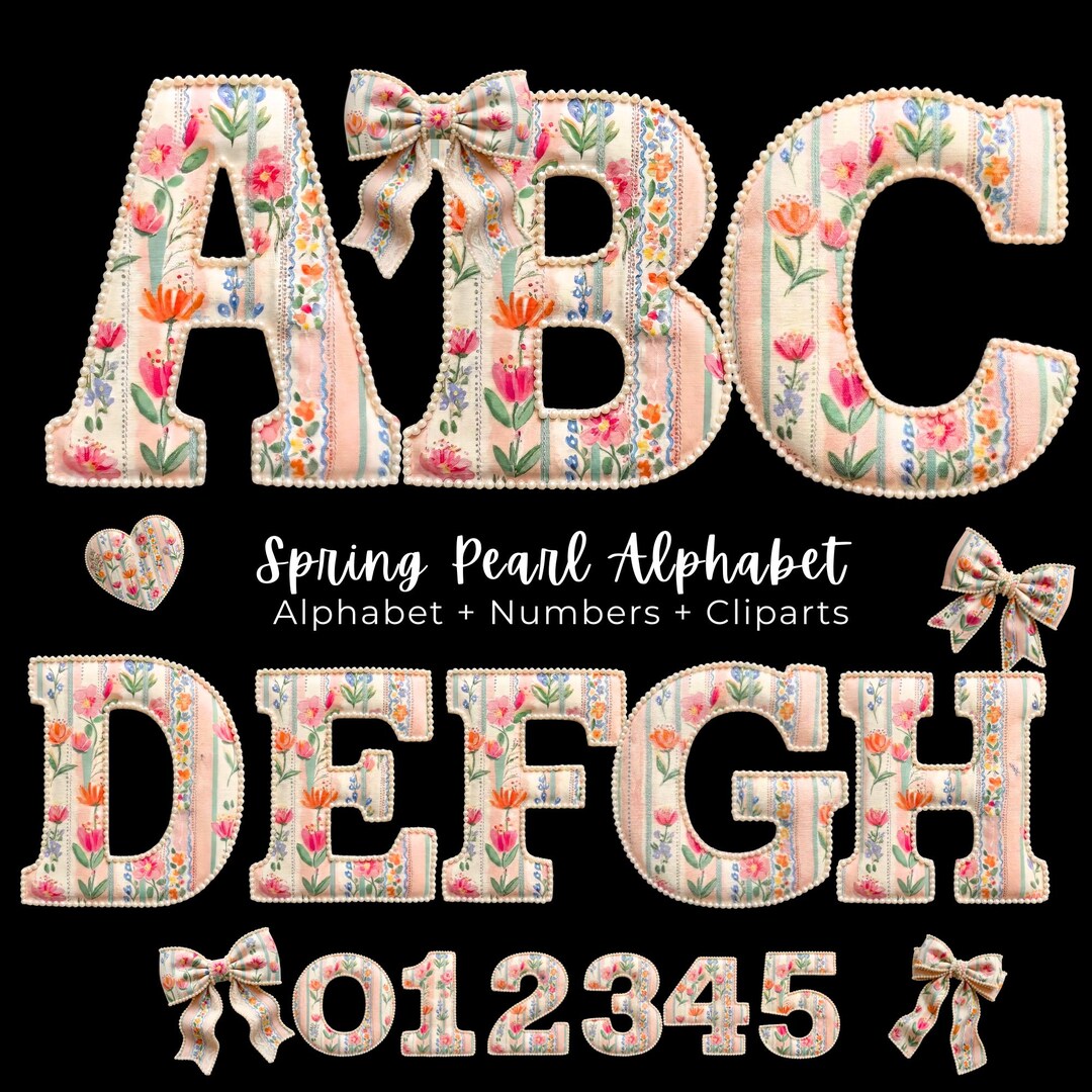 Spring Pearl Patchwork Alphabet PNG Bundle, Easter Floral Letter, Faux ...