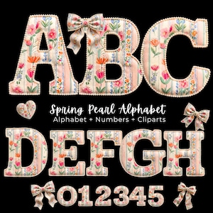 Può includere: Una collezione di lettere e numeri a motivi floreali, tra cui le lettere A, B, C, D, E, F, G e H, insieme ai numeri 0, 1, 2, 3, 4 e 5. Ogni lettera e numero è adornato da un fiocco. È presente anche il testo "Spring Pearl Alphabet".