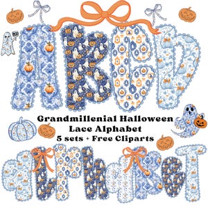 Grandmillennial Halloween-kantalfabet png, vintage bloemenkantletters, preppy handgeletterd alfabet, spookachtig seizoen png met spook en pompoen